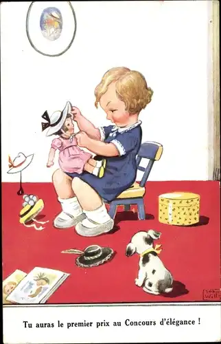 Künstler Ak Wills, John, Mädchen zieht Puppe an, Hund