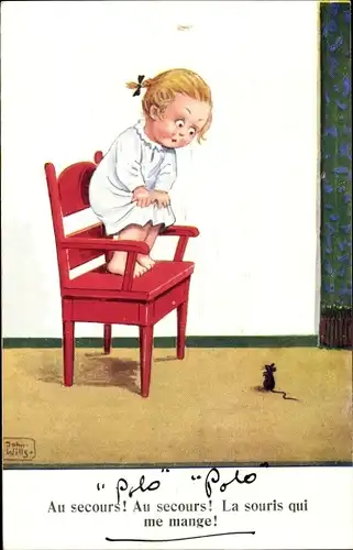 Künstler Ak Wills, John, Mädchen ist vor einer Maus auf einen Stuhl geflüchtet