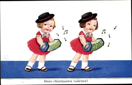 Künstler Ak Wills, John, Zwei Mädchen mit Ziehharmonika