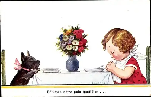 Künstler Ak Wills, John, Mädchen und Hund beim Tischgebet