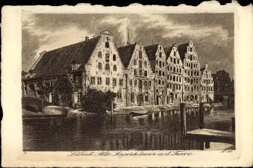 Künstler Ak Hansestadt Lübeck, Alte Lagerhäuser an der Trave, Kupferradierung