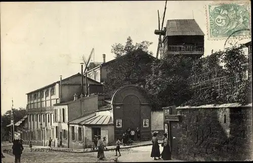 Ak Paris XVIII. Montmartre, Straßenabschnitt, Windmühlen