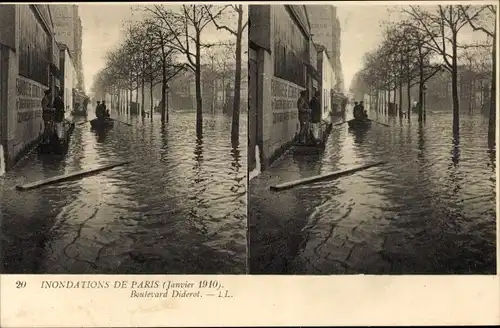 Stereo Ak Paris XII Reuilly, Boulevard Diderot, Die Seine-Überschwemmung von 1910