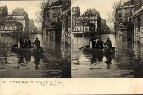 Stereo Ak Paris, Überschwemmungen von Paris, Januar 1910, Rue de Bercy