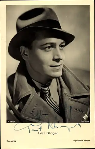 Ak Schauspieler Paul Klinger, Portrait, Hut, Autogramm