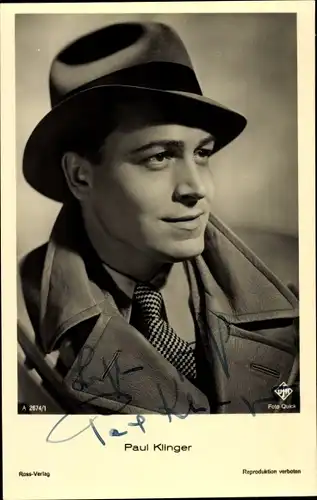 Ak Schauspieler Paul Klinger, Portrait, Hut, Autogramm