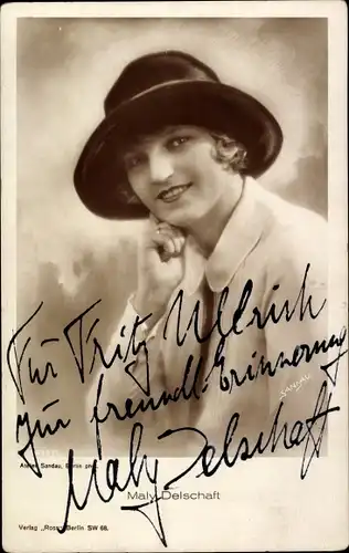 Ak Schauspielerin Maly Delschaft, Portrait, Hut, Autogramm