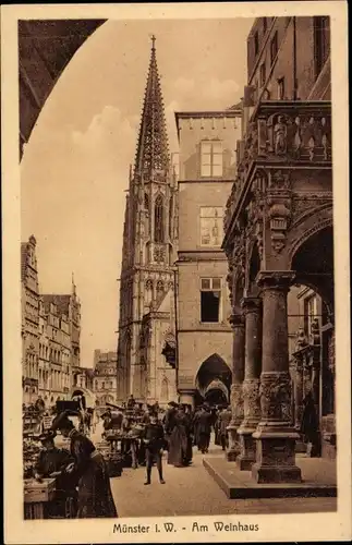 Ak Münster in Westfalen, Am Weinhaus, Dom, Passanten, Verkaufsstände