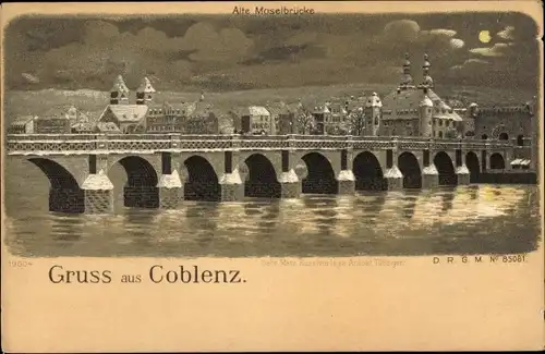 Mondschein Litho Koblenz am Rhein, Alte Moselbrücke, Winter
