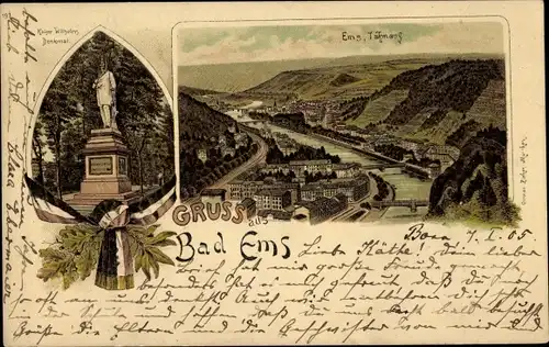 Litho Bad Ems an der Lahn, Panorama, Kaiser Wilhelm Denkmal