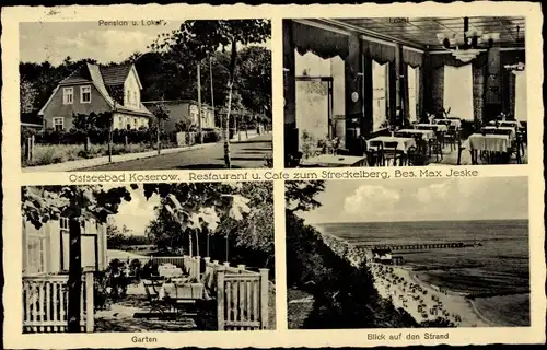 Ak Ostseebad Koserow auf Usedom, Restaurant, Cafe zum Streckelberg, Strand