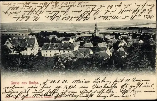 Ak Bucha Kaiserpfalz im Burgenlandkreis, Totalansicht vom Ort, Kirchturm