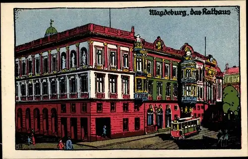 Künstler Ak Magdeburg an der Elbe, Das Rathaus, Straßenbahn