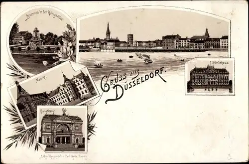 Litho Düsseldorf am Rhein, Brunnen in der Königsallee, Markt, Kunsthalle, Ständehaus