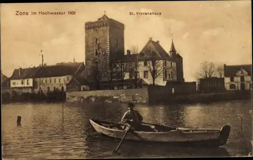 Ak Zons Dormagen am Niederrhein, St. Vincenshaus, Mann im Ruderboot