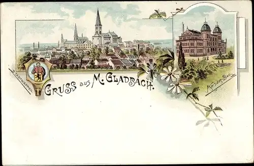 Litho Mönchengladbach am Niederrhein, Kaiserbad, Totalansicht, Stadtwappen