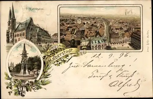 Litho Halberstadt am Harz, Totale, Kriegerdenkmal, Rathaus