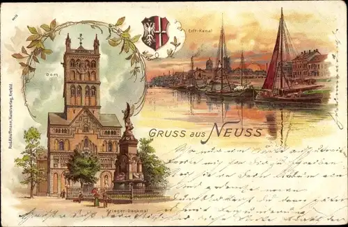 Litho Neuss am Rhein, Erft Kanal, Kriegerdenkmal, Wappen