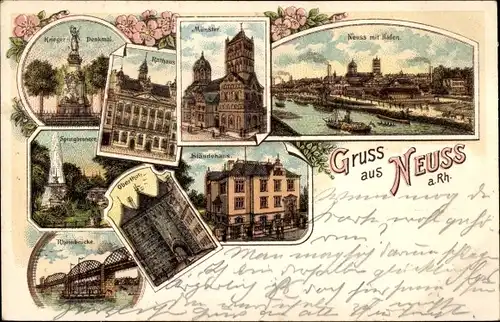 Litho Neuss am Rhein, Stadt, Hafen, Ständehaus, Obertor, Rheinbrücke, Rathaus, Münster