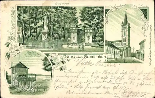 Litho Oranienburg in Brandenburg, Kirche, Luisenplatz, Denkmal, Pavillon am Lehnitzsee