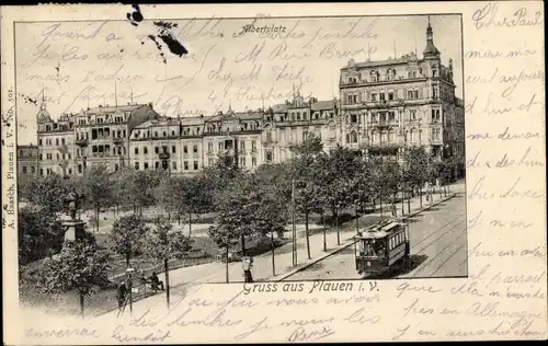 Ak Plauen im Vogtland, Albertplatz, Straßenbahn