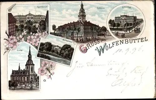 Litho Wolfenbüttel in Niedersachsen, Kaffeehaus, Schloss, Bibliothek, Gymnasium, Kirche