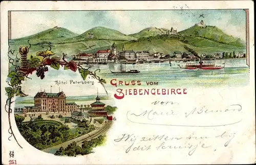 Litho Königswinter am Rhein, Petersberg, Hotel Petersberg, Siebengebirge