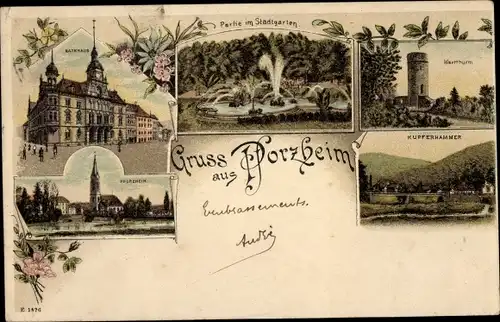 Litho Pforzheim im Schwarzwald, Rathaus, Stadtgarten, Kirche, Wartturm, Kupferhammer