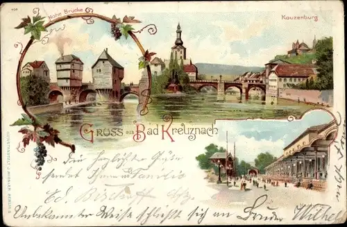 Litho Bad Kreuznach, Kauzenburg, Nahebrücke, Kurhaus