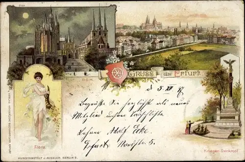 Litho Erfurt in Thüringen, Totalansicht, Dom und Severikirche bei Nacht, Flora, Kriegerdenkmal