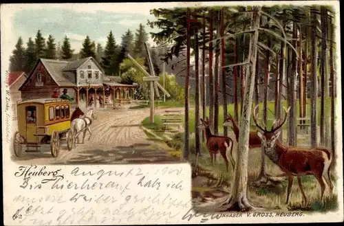 Litho Friedrichroda im Thüringer Wald, Heuberg, Heuberghaus, Kutsche, Hirsche