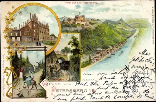 Litho Königswinter am Rhein, Hotel auf dem Petersberg, Zahnradbahn