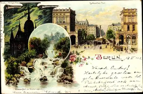 Litho Berlin Kreuzberg, Hallesches Tor, Viktoriapark mit Wasserfall, Kirche zum Heiligen Kreuz