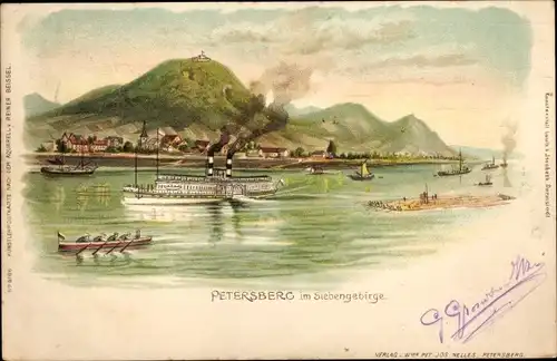 Litho Königswinter am Rhein, Petersberg, Siebengebirge, Panorama, Dampfschiff