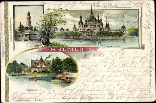 Litho Hansestadt Bremen, Bürgerpark, Meierei, Hauptgebäude, Aussichtsturm