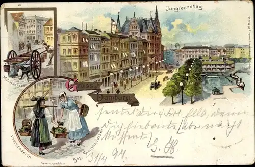 Litho Hamburg, Jungfernstieg, Milchkarren, Vierländerin, Hamburger Dienstmädchen