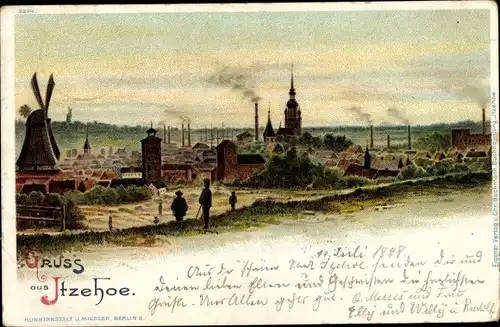 Litho Itzehoe in Holstein, Panorama, Windmühle, Kirche