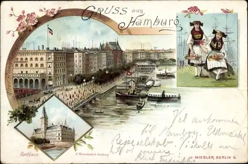 Litho Hamburg, Alter Jungfernstieg, Rathaus, Mädchen in Vierländer Tracht