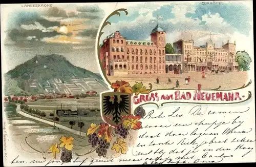 Litho Bad Neuenahr, Kurhotel, Panorama, Landeskrone im Mondschein, Wappen