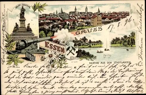 Litho Essen im Ruhrgebiet, Krupp Denkmal, Stadtgarten, Panorama