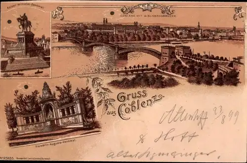 Litho Koblenz am Rhein, Kaiser Wilhelm Denkmal, Kaiserin Auguste Denkmal, Panorama, Eisenbahnbrücke