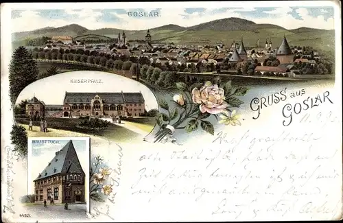 Litho Goslar am Harz, Gesamtansicht, Kaiserpfalz, Brusttuch