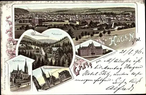 Litho Hagen in Westfalen Ruhrgebiet, Panorama, Waldlust, Kath. Kirche, Lutherkirche, Gewerbeschule