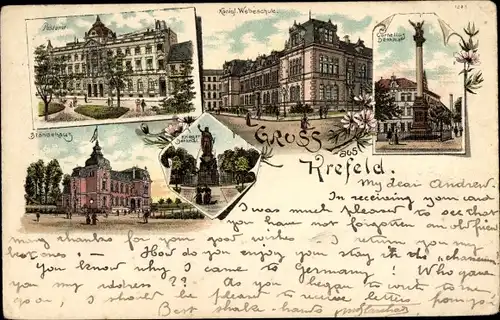 Litho Krefeld am Niederrhein, Cornelius Denkmal, Postamt, Ständehaus, Webeschule