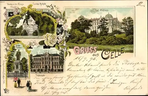 Litho Celle Niedersachsen, Schloss, Töchterschule, Kriegerdenkmal, Denkmal Königin Carola Mathilde