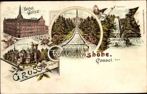 Litho Bad Wilhelmshöhe Kassel Hessen, Aquädukt, Löwenburg, Kaskaden, Pensionshaus Wilhelmshöhe