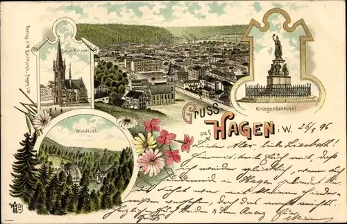 Litho Hagen in Westfalen, Panorama, Kriegerdenkmal, Waldlust, Luther-Kirche