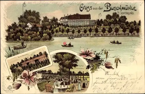 Litho Dortmund im Ruhrgebiet, Buschmühle, Partie am Ankerplatz, Veranda