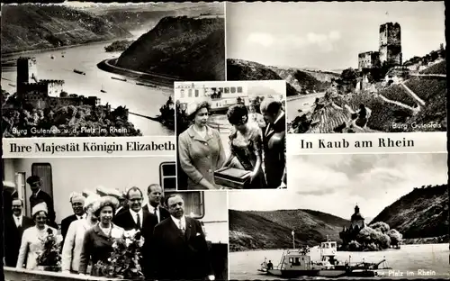Ak St. Goarshausen, Kaub, Burg Gutenfels, Pfalzgrafenstein, Besuch Queen Elizabeth II