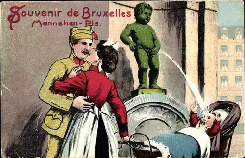 Präge Ak Bruxelles Brüssel, Manneken Pis, Soldat, Kindermädchen, Kleinkind, Kinderwagen